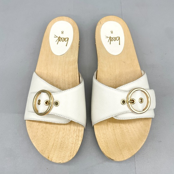beek Shoes - BeekWomens 8 Woodstar Clog Sandals White Leather Gold Buckle Slide Boho Coastal